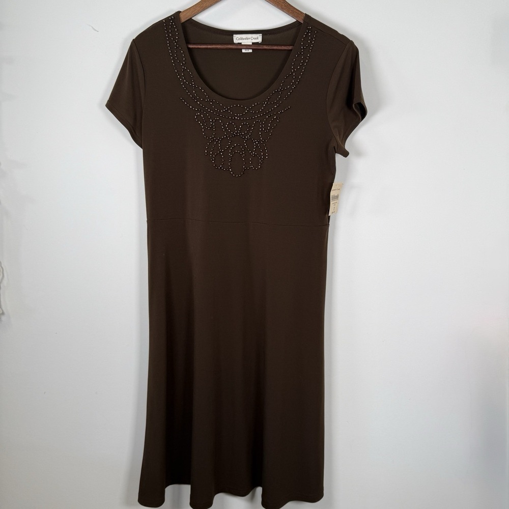 NWT Coldwater Creek Dress Short Sleeve Stretchy Bead Embellishment‎ Brown Medium